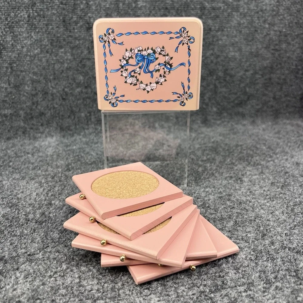 Vtg Set of 6 Pink Wood & Cork Square Coasters & Floral Blue Ribbon Storage Box